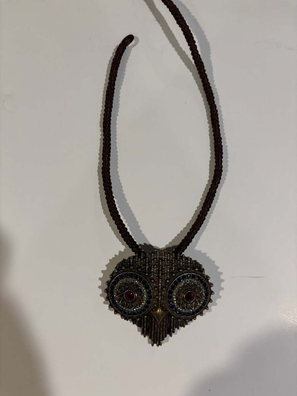 Vintage Bohemian Style Owl Pendant Necklace with Red and Blue Rhinestone Eyes